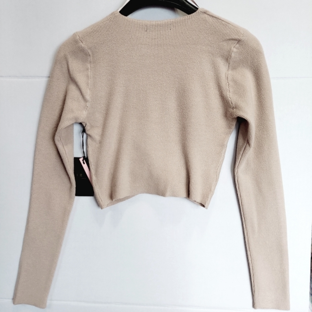 Women's Crop Sweater Taupe Knot Front Cropped V Neck Long Sleeve New - Picture 3 of 13